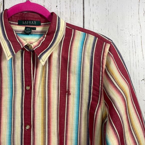 Lauren Ralph Lauren  Vintage Linen Cotton Blend Striped 3/4 Sleeve Button Down - Picture 3 of 14